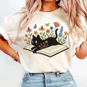 Graphic Floral Cat And Book Shirt, Cat Book Shirt, Gift For Cat Lover